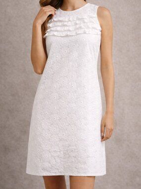 Brooks Brothers White Eyelet Shift Dress Ruffle Neck Cotton Sleeveless 4